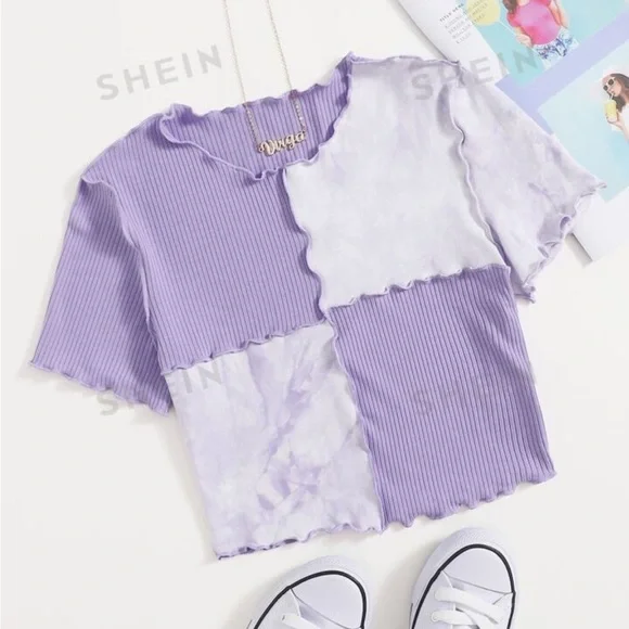 Small SHEIN EZwear Tie Dye Purple Color Block Panel Seam Front Crop Tee - Picture 1 of 7